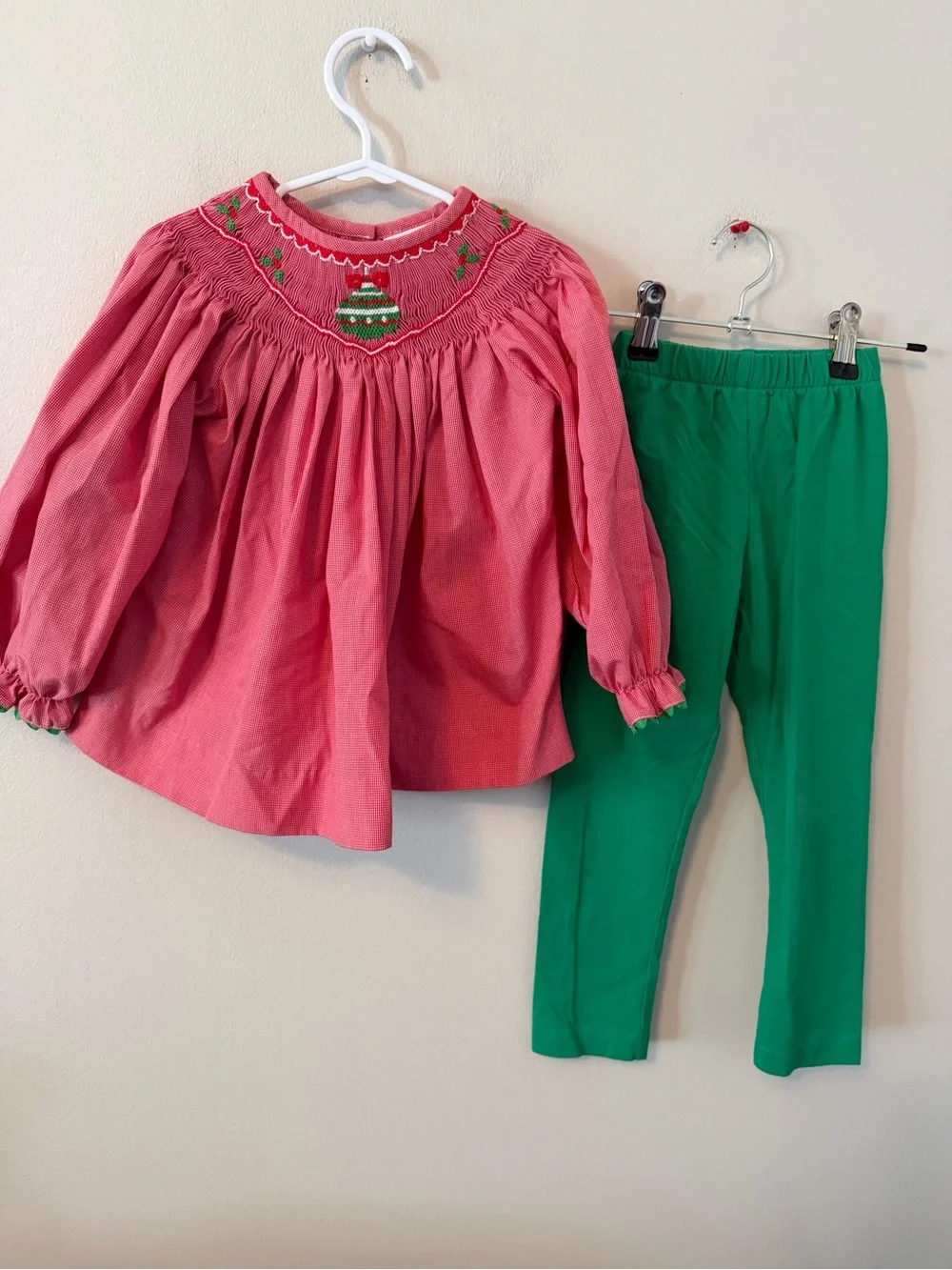 Stitchy Fish Red Smocked Christmas Ornament Top with Green Leggings